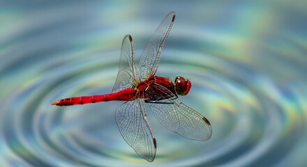 Vibrant scarlet dragonfly macro closeup flying above reflective pond ripples