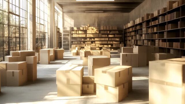 Holiday shopping season. Retail business promotion concept. 3D rendering of a warehouse interior with cardboard boxes and bookshelves. The warehouse has a rustic.