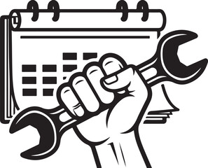 Hand Holding Wrench with Calendar Icon Keywords: hand, wrench, calendar, tool, construction