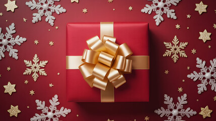 Red christmas gift box with gold ribbon and snowflake decorations on red background