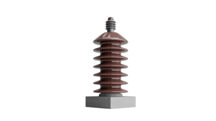 A brown multi-shed electrical post insulator with a ribbed design, mounted on a grey concrete base, for high voltage power applications. background removed