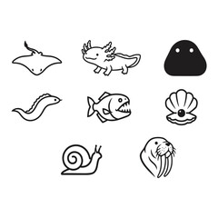 Black and White Sea & Swamp Animal Icon Set: Shark, Octopus, Crab, Jellyfish, Frog, and Crocodile
