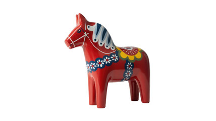 A vibrant red Dala horse, a traditional Swedish wooden statuette, intricately painted with blue, yellow, and white floral patterns, standing prominently. background removed
