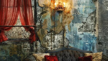 Vintage decayed living room with ornate furnishings and peeling plaster on textured walls.