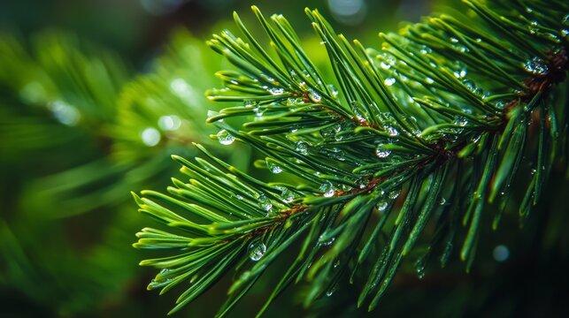 pine branch with dew drops on its vibrant green needles