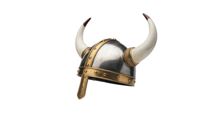 A classic silver and gold horned Viking helmet, a symbolic headwear of Norse warriors and ancient Scandinavian mythology. background removed