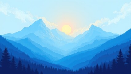 Obraz premium minimalist mountain illustration in blue tones with soft morning sunrise creating serene natural harmony and tranquil landscape scene concept of eco design creative background branding