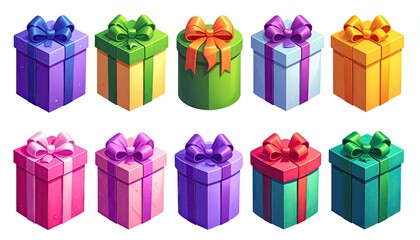 Collection of ten vibrant and colorful gift boxes with decorative bows.