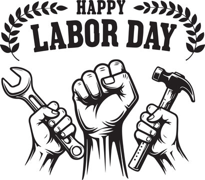 Happy Labor Day illustration with clenched fists and tools wrench