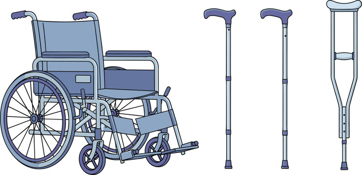 Medical mobility equipment vector illustration set with wheelchair crutches and walking canes for healthcare and rehabilitation