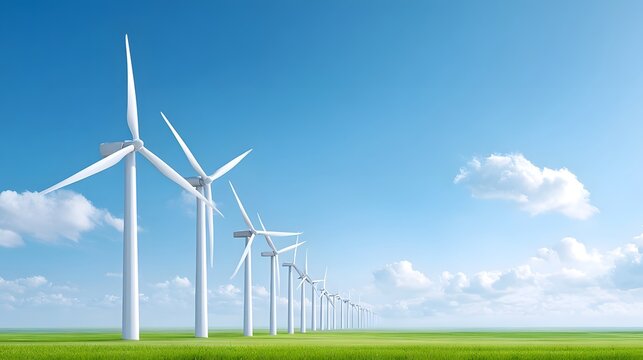 Scenic landscape featuring a vast green field dotted with a long line of white wind turbines generating renewable energy against a vibrant blue sky with soft white clouds
