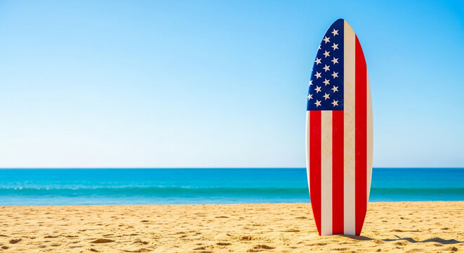 Surfboard with American flag standing on the beach against blue ocean