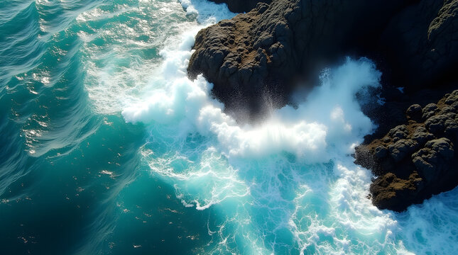 Aerial View of Turquoise Ocean Waves Crashing on Rocks