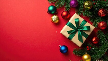 Festive Christmas Gift Box with Ornaments and Pine Branches on Red Background.