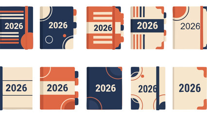 Set of 2026 planners and diaries with abstract geometric cover designs.