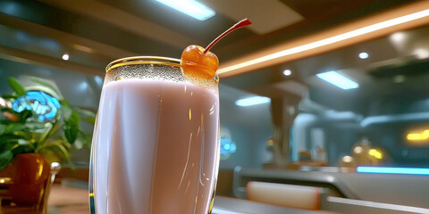 Creamy milkshake in glass with condensation and cherry garnish, diner mood, soft lighting