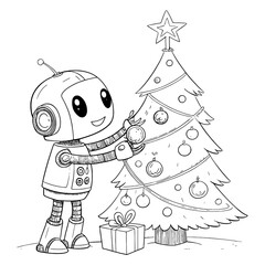 A robot decorates a christmas tree with ornaments next to a wrapped present in black and white line art
