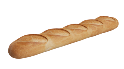A golden-brown baguette with characteristic diagonal slashes, perfect for French cuisine, sandwiches, or as a delicious side. Isolated on transparent. background removed