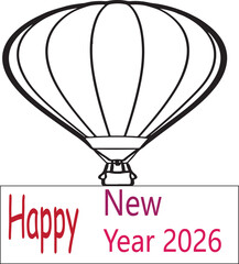 “Happy New Year 2026 invitation with hot air balloon illustration, festive sky celebration design, colorful party greeting card background, holiday event poster, decorative printable template”