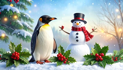 Adorable penguin and snowman friends celebrating a snowy Christmas winter wonderland.