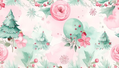 Watercolor Christmas seamless pattern with pink roses and green pine trees.