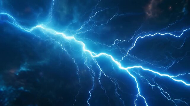 &ldquo;Close-up shot of a neon-blue lightning bolt forming in mid-air, crackling with electric 