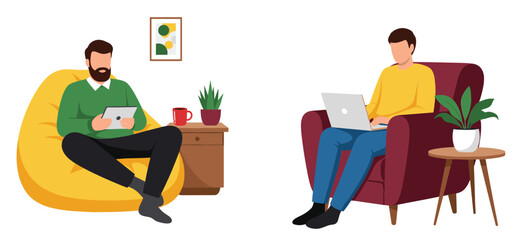 Men working from home vector illustration set showing laptop use on armchair and bean bag relaxation