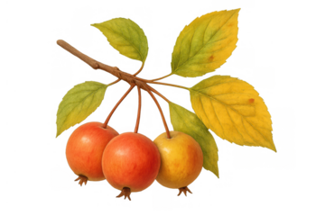 Crab apple branch watercolor painting showing autumn crabapples fruit with yellow and green leaves on transparent background