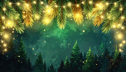 Enchanting Winter Forest Scene with Twinkling Fairy Lights and Pine Trees.