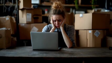 Holiday shopping season. Retail business promotion concept. A woman with a topknot hairstyle sits at a table with a laptop, her face expressing distress.