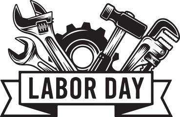 Labor Day Tools and Gear with Ribbon Banner Black and White Keywords: labor day, tools, wrench