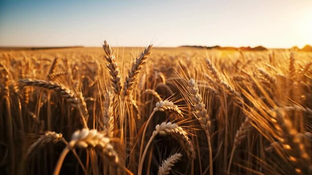 Extreme slow motion of mature golden wheat grain stalks rustling and sweeping across a huge sunlit agricultural field landscape harvest, detail, industry