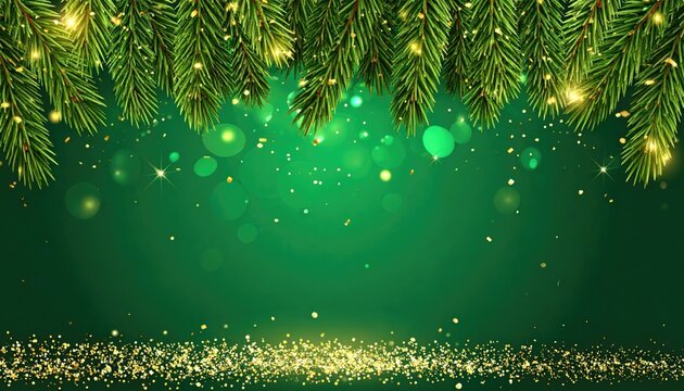 Festive Christmas fir branches with golden confetti and bokeh lights on a dark green background.