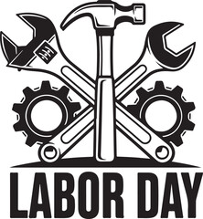 Labour Day text with crossed tools and gears inscription