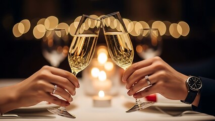Romantic Toast with Champagne Glasses and Bokeh Lights clinking glasses celebration