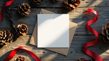 Obraz premium Blank Greeting Card Mockup with Pinecones, Kraft Envelope, and Red Ribbon on Wooden Background