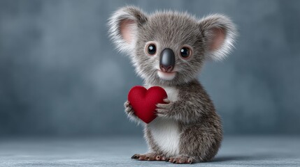 A cute little koala holding a red heart. Concept of warmth and love, as the koala is holding a heart symbolizing affection