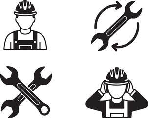 Set of four black and white icons related to construction and labor worker