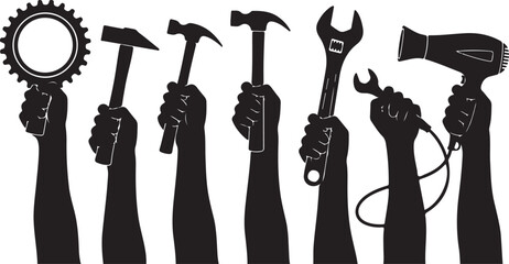 Silhouettes of Hands Holding Various Tools Against White Background raising