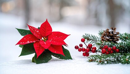 Festive red poinsettia flower in snow with winter decorations.
