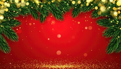 Festive Christmas background with green fir branches golden bokeh lights and confetti.