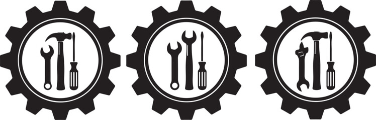 Three black silhouette icons of tools within gears wrench screwdriver