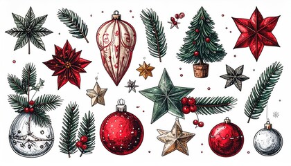 Festive Christmas Holiday Decorations Collection Vintage Watercolor Style.