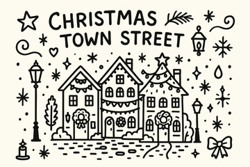 Obraz premium Christmas Town Doodle. Christmas town street. Hand-drawn doodle illustration of Christmas town street. Central