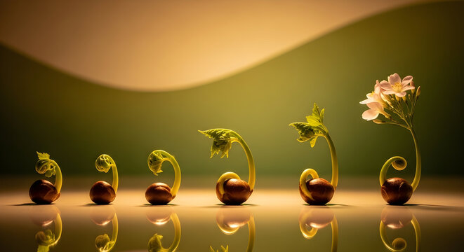 Progression of plant growth from seed to flower represents life cycle and stages - Powered by Adobe