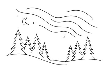 Fototapeta premium Minimalist Aurora Forest. Mystical night landscape. Minimalistic one-line drawing snow-covered forest with