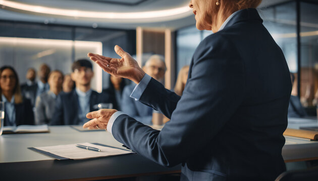 Confident executive leading a meeting, gesturing to audience. Professional setting symbolizing leadership, communication, strategy, and corporate success.