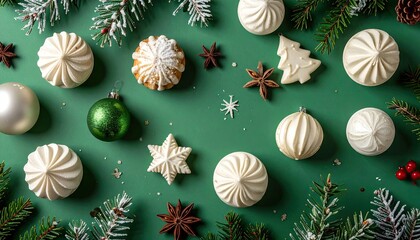 Festive Christmas Sweets and Decorations Flat Lay Arrangement.