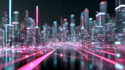 Obraz premium An abstract visualization of a smart city at night featuring glowing neon lines and illuminated buildings that represent data flow and connectivity in a dynamic urban network