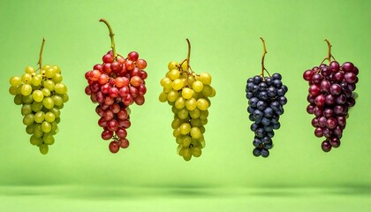 Five grape bunches, each a different color, ranging from green to purple, floating on a light green background